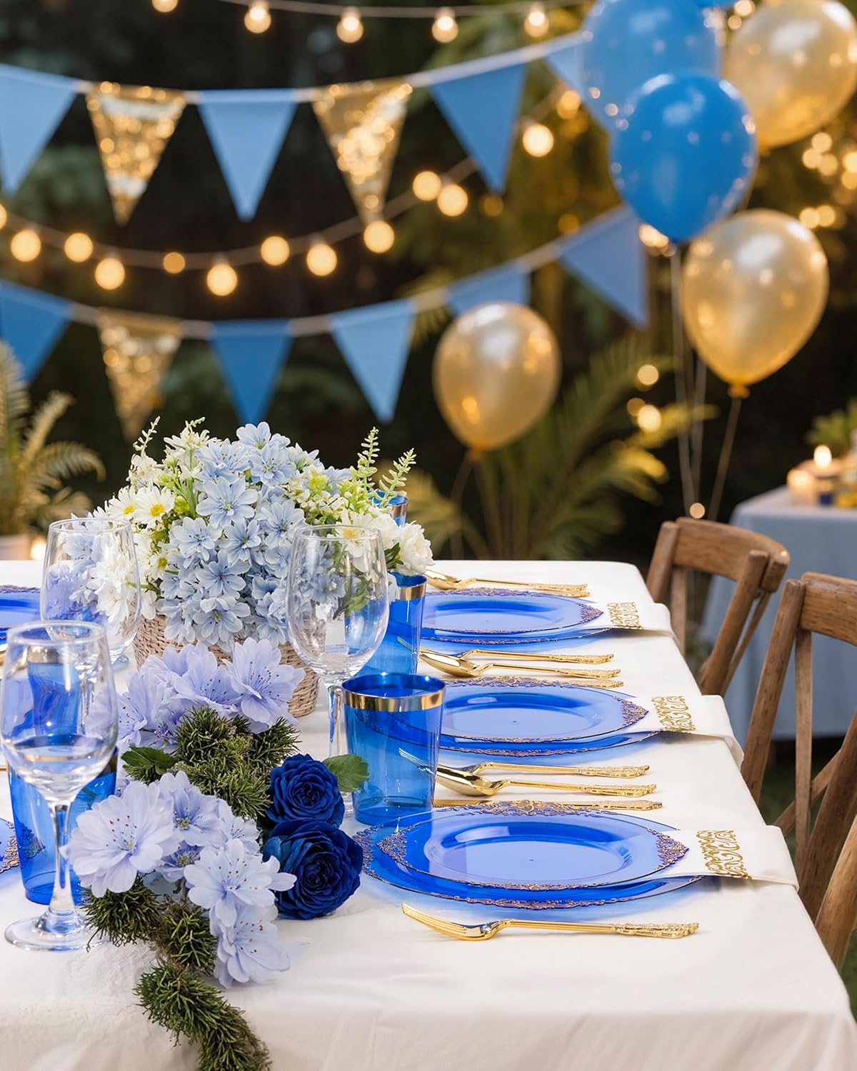 Nervure 350PCS Gold Plastic Plates - Gold Plastic Dinnerware Sets for 50 Guests - 100 Disposable Plates, 150 Silverware, 50 Cups, 50 Napkins for Wedding & Party & Mothers Day