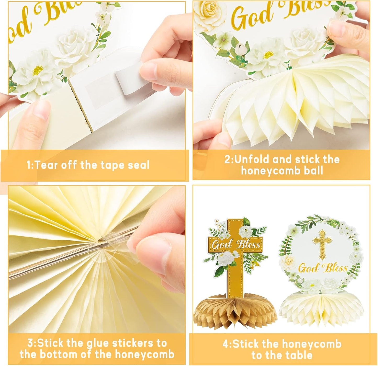 ANGOLIO White Gold Floral Honeycomb Centerpieces - 12Pcs Cross Rose Greenery God Bless Baptism Party Decoration Baby Shower First Communion Birthday Party Supplies for Boy Girl 3D Wedding Table Topper