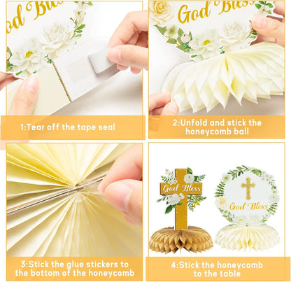 ANGOLIO White Gold Floral Honeycomb Centerpieces - 12Pcs Cross Rose Greenery God Bless Baptism Party Decoration Baby Shower First Communion Birthday Party Supplies for Boy Girl 3D Wedding Table Topper
