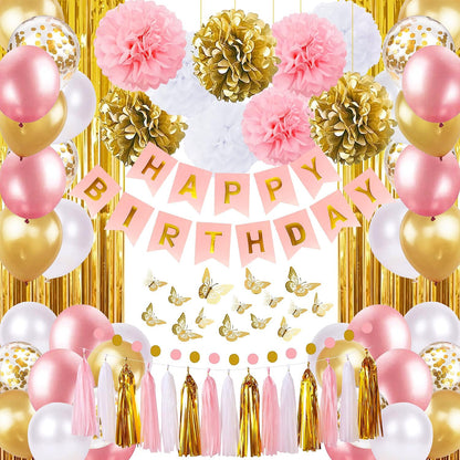 Purple Pink Birthday Party Decorations for Women Girls with Happy Birthday Banner,Hanging Swirls,Tissue Paper Pompoms,Circle Dots Garland,Tassel Garland Purple Balloons
