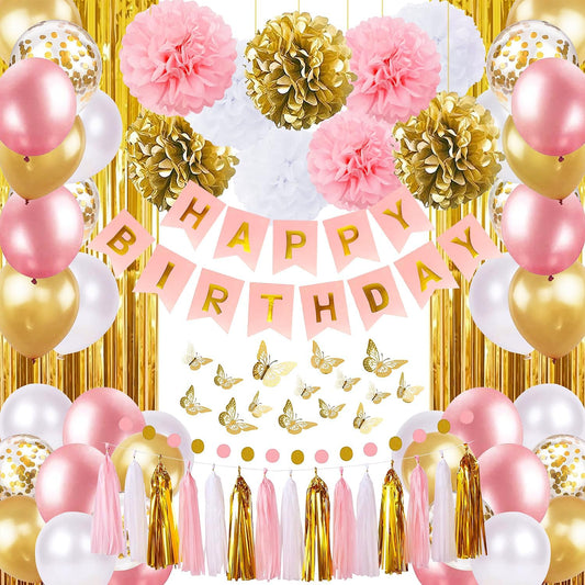 Purple Pink Birthday Party Decorations for Women Girls with Happy Birthday Banner,Hanging Swirls,Tissue Paper Pompoms,Circle Dots Garland,Tassel Garland Purple Balloons