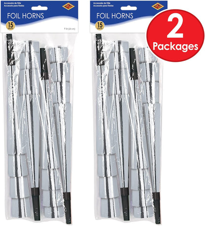 Beistle Silver Foil Horns – 30 Pack, Metallic Noisemakers with Black Mouthpieces for New Year’s Eve, Weddings, Graduations, Anniversaries, Birthday Parties, Corporate Events and Loud Celebrations, 9”