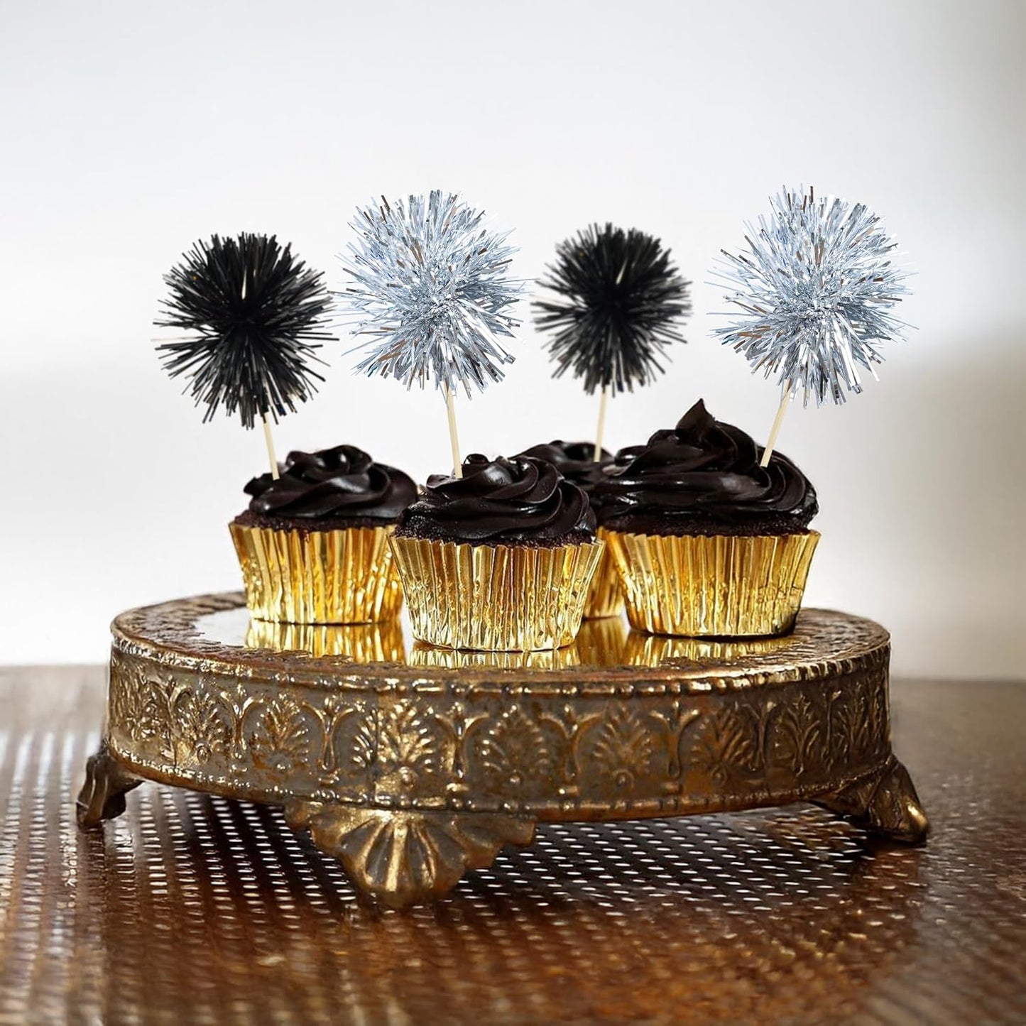 Ephlyn 30Pcs Foil Firework Cupcake Toppers Sparkle Tinsel Cupcake Picks Drink Stirrers Cocktail Food Fruit Toothpicks for Baby Shower Graduation Party Supplies White
