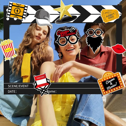 32Pcs Movie Night Photo Booth Props with 23X31Inch Plastic Picture Frame Selfie Props DIY Pictures Frame with Cutouts Stickers for Birthday Party Supplies