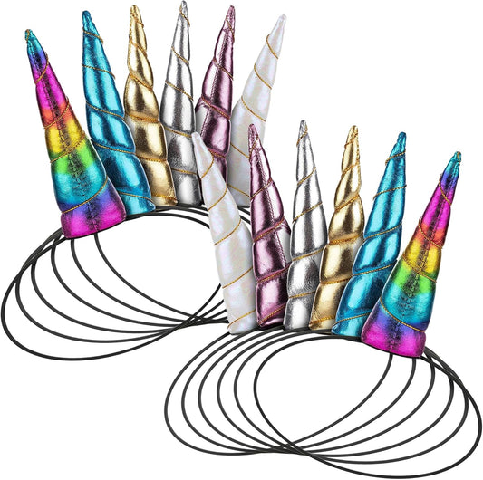 BLUE PANDA 12 Pack Unicorn Horn Headbands for Girls, Metallic Plush Horns with Elastic Bands for Birthday, Costumes, Hair Accessories
