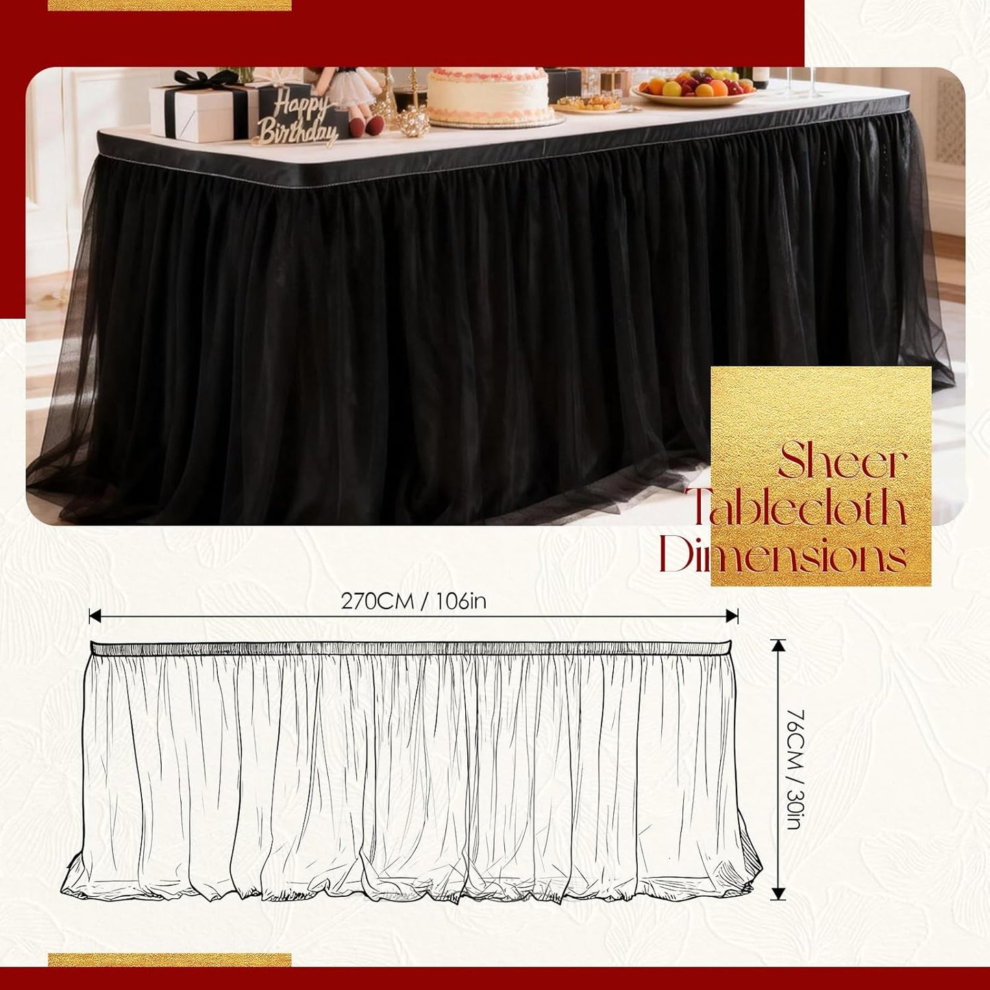 THARAHT Tulle Table Skirt 6FT 180CM Long for Rectangle Tables Round Tables Ruffle Desk Skirt for Princess Girls Birthday Party Cake Dessert Decorations Table Skirt