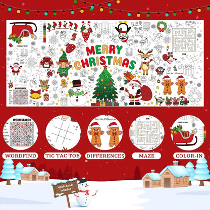 Christmas Coloring Tablecloth for Kids, 71 x 31 Large Inch Xmas Coloring Poster Table Cover, Holiday Doodle Crafts for Classroom, Family Party, Christmas Games and Activities Supplies