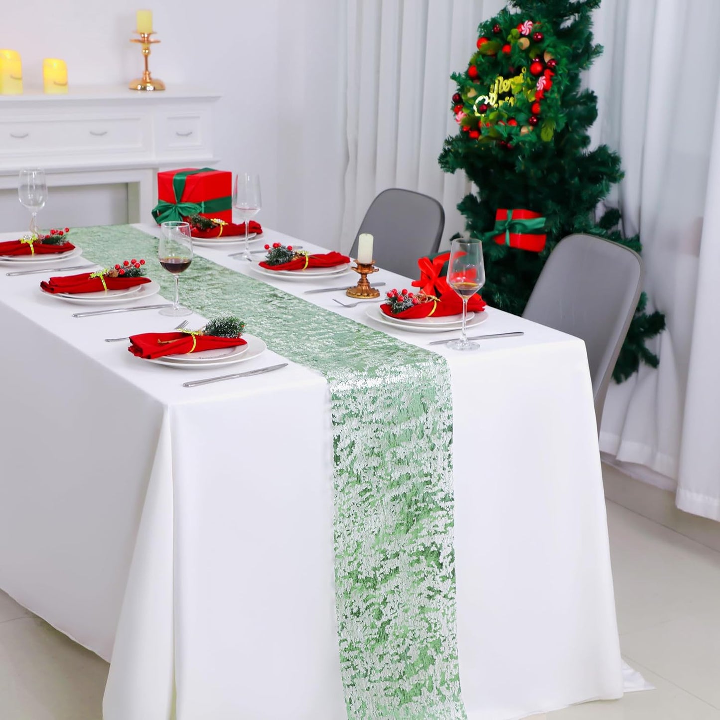 Snowkingdom 2 Pieces Gold Table Runner, Sequin Glitter Foil Metallic Thin Mesh Runner Roll 11"x108", Gold Table Decorations for Event Party, Wedding, Birthday Party, Christmas