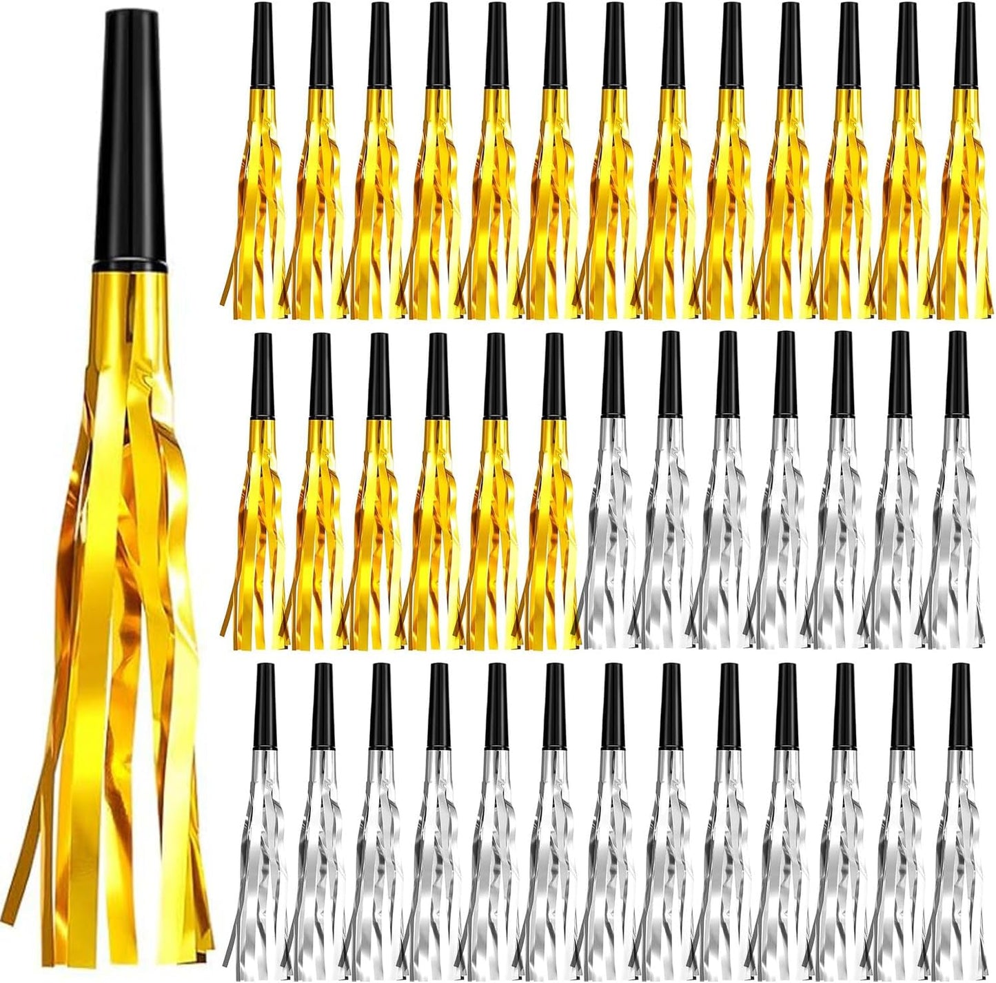 Skylety 40 Pieces Party Noise Makers New Year Horns and Blowouts Gold Glitter Squawkers Whistles Metallic Fringed Musical Blowers Bulk for Adult Birthday Graduation Sporting Event 2026 New Years Favor