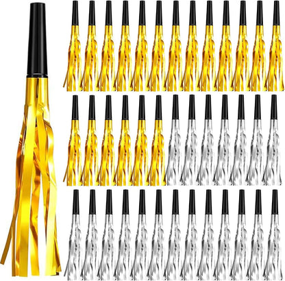 Skylety 40 Pieces Party Noise Makers New Year Horns and Blowouts Gold Glitter Squawkers Whistles Metallic Fringed Musical Blowers Bulk for Adult Birthday Graduation Sporting Event 2026 New Years Favor