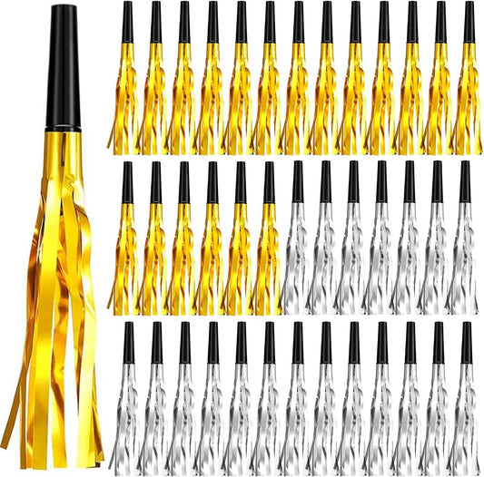 Skylety 40 Pieces Party Noise Makers New Year Horns and Blowouts Gold Glitter Squawkers Whistles Metallic Fringed Musical Blowers Bulk for Adult Birthday Graduation Sporting Event 2026 New Years Favor