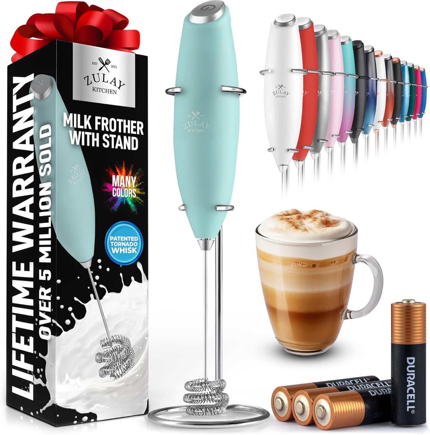 Zulay Kitchen Powerful Milk Frother Wand With Duracell Batteries - Ultra Fast Handheld Drink Mixer - Electric Whisk Foam Maker for Coffee, Lattes, Cappuccino & Matcha - Z1 Motor - Black - Colors C