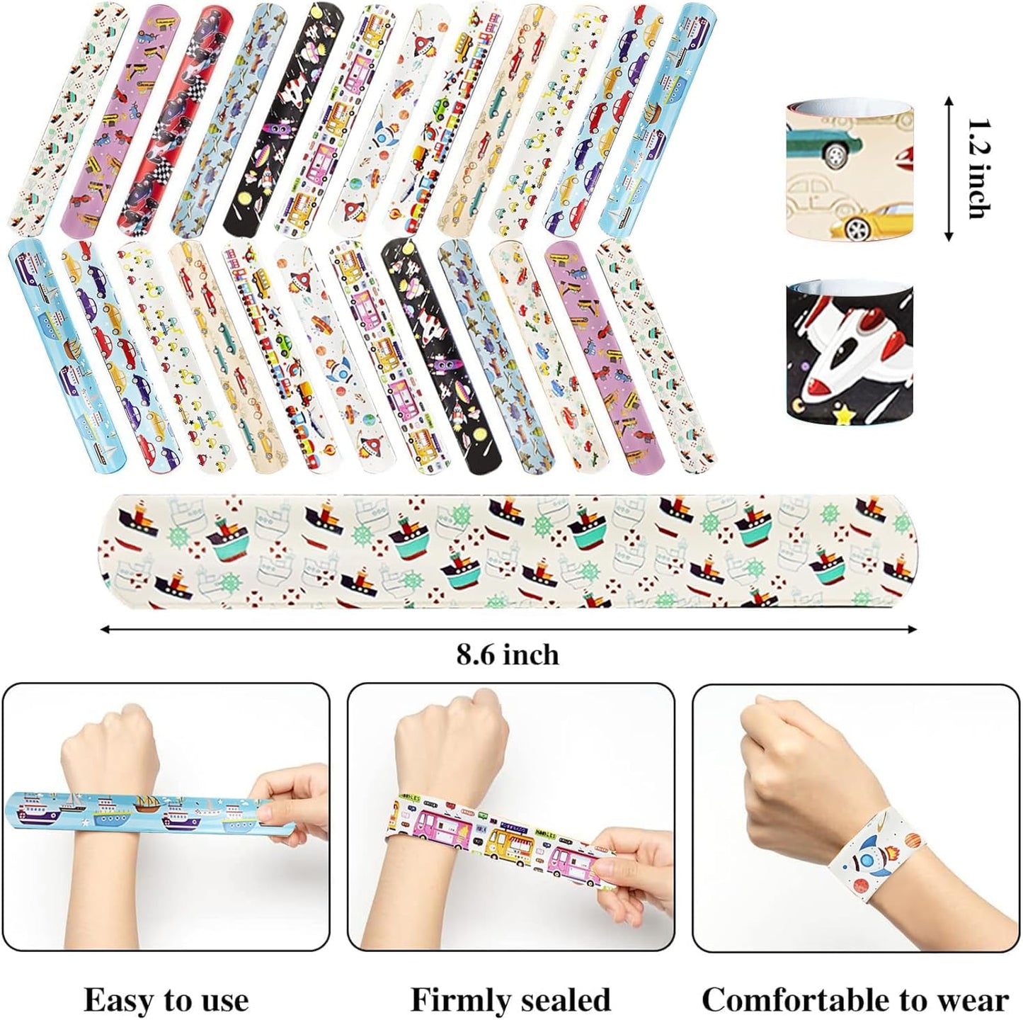 74pcs Transportation Party Favors Set ,24 Slap Bracelets and 50 Sheets Vehicle Stickers, Construction Truck Airplane Car Train Rocket Theme, Party Supplies Goodie Bag Fillers, Bulk Value Gift Pack