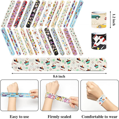 74pcs Transportation Party Favors Set ,24 Slap Bracelets and 50 Sheets Vehicle Stickers, Construction Truck Airplane Car Train Rocket Theme, Party Supplies Goodie Bag Fillers, Bulk Value Gift Pack