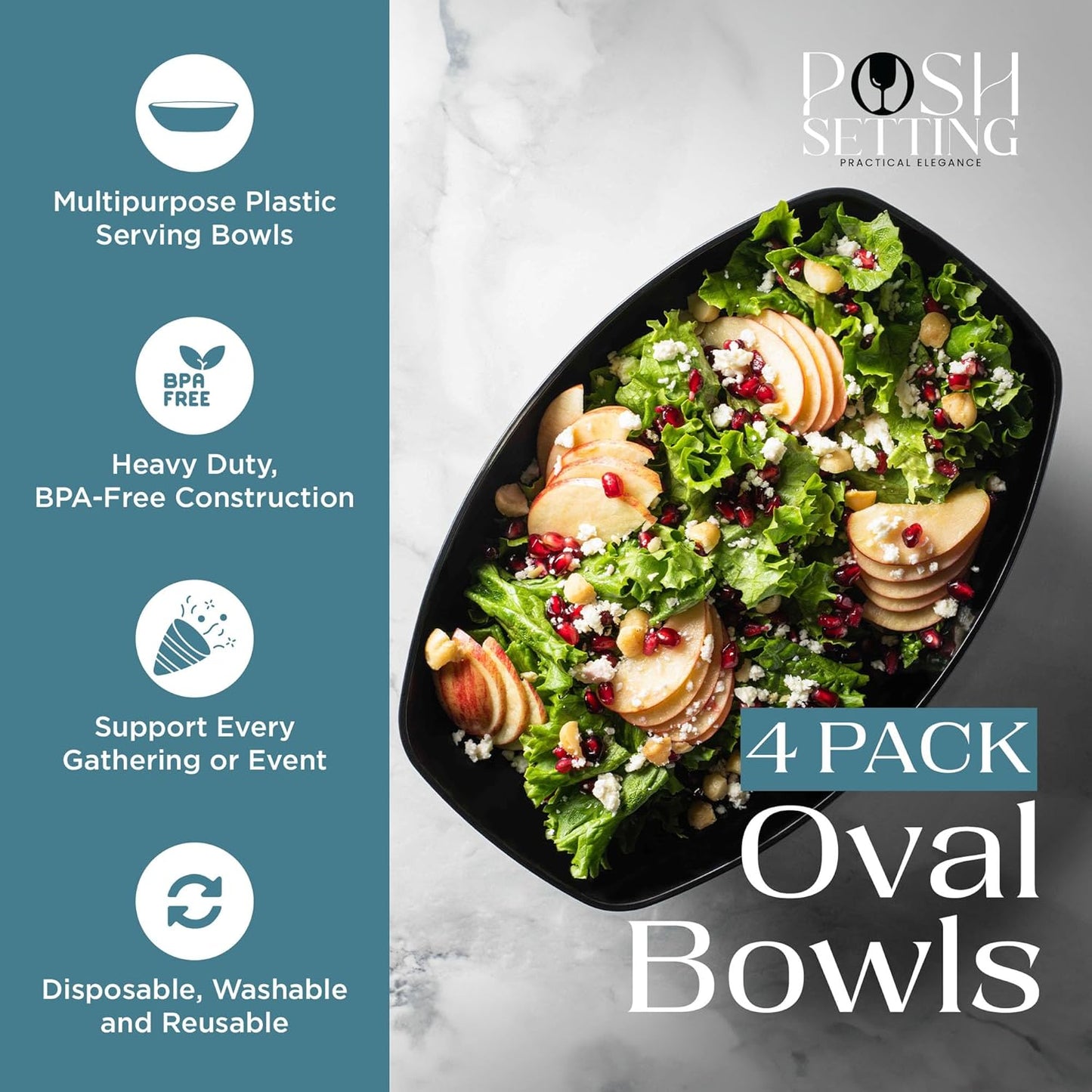 Posh Setting Black Plastic Serving Bowls Disposable - Oval Bowls - Oval Candy Bowl - Plastic Snacks & Chip Bowls for Parties - Black Party Serving Dishes 4 pack