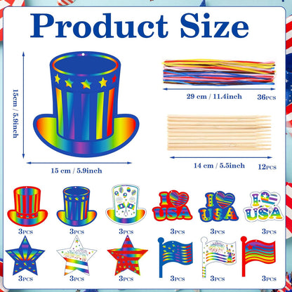 HOWAF 36pcs USA Patriotic Crafts 4th of July 250th Annicersary Scratch Paper Art Kit, Red White Blue Rainbow Scratch Off Cards for 1776-2026 School DIY Drawing Project Supplies