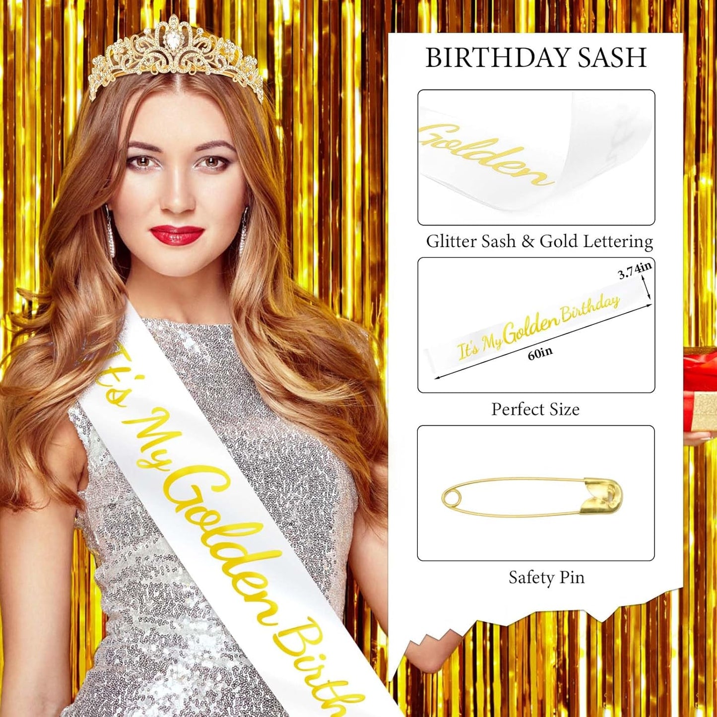 It's My Golden Birthday Sash and Crown Set for Women Girls Birthday Party Decorations Decor Party Favors Gifts