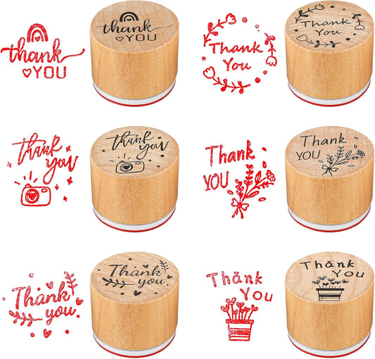 Piriuuo 6 Pcs Thank You Stamps Set, Wooden Stamps for Card Making 6 Styles Round Rubber Stamps Server Stamps Photo Album Decoration for Card Making, DIY Crafting and Scrapbooking