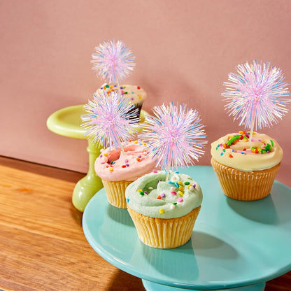Ephlyn 30Pcs Foil Firework Cupcake Toppers Sparkle Tinsel Cupcake Picks Drink Stirrers Cocktail Food Fruit Toothpicks for Baby Shower Graduation Party Supplies White