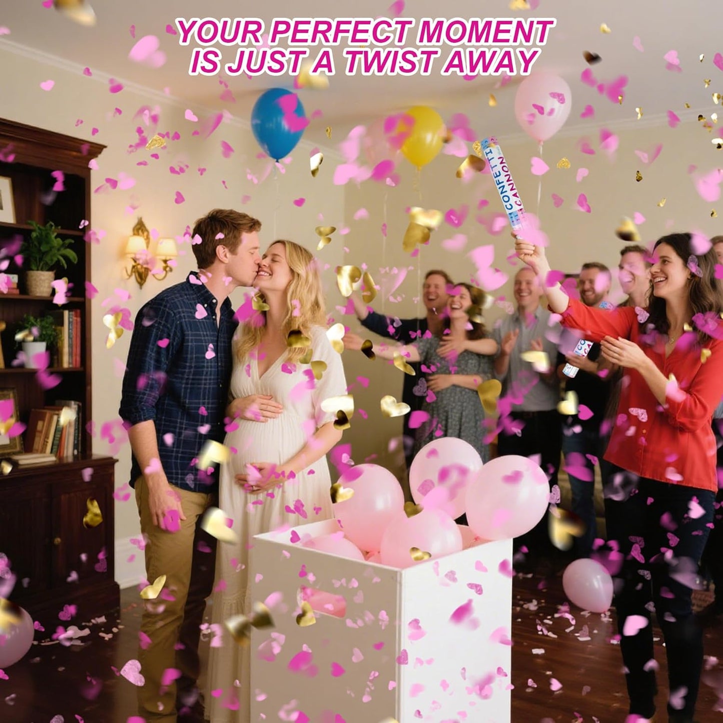 2 Pack Gender Reveal Confetti Cannon, 12 in Pink Square shaped Paper Party Poppers Cannons, Confetti Poppers For Baby Girl Gender Reveal Baby Showers (Square, Pink)