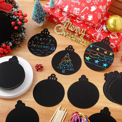 Yeaqee 80 Pcs Christmas Ornament Scratch Cards Christmas Scratch Paper Art with Drawing Sticks and Ribbons DIY Xmas Magic Paper for Winter Xmas Home Party DIY Activities (Ornament)