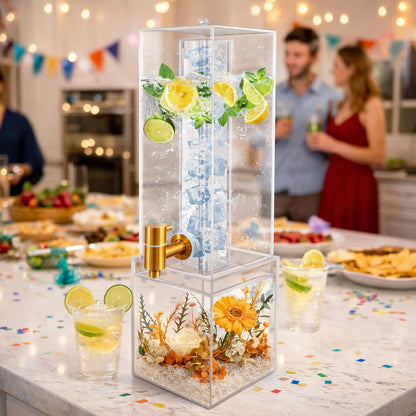 2 Gallon Large Drink Dispenser, Drink Dispenser with Wood Stand, Drink Dispensers for Parties with Ice Core, Beverage Dispenser with Airtight Valve for Water, Punch, Juice