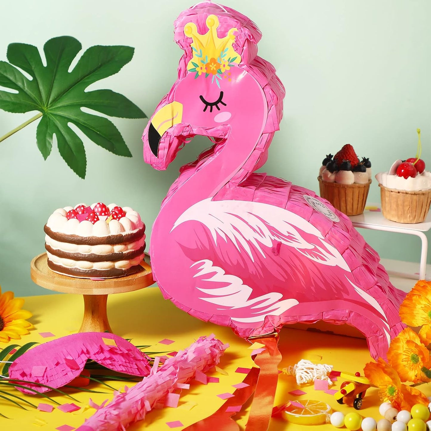Threan Small Tiki Tropical Hawaii Piñata with Blindfold Bat Aloha Luau Piñata for Hawaiian Luau Themed Party Decoration Summer Birthday Party Supplies, 15.7 x 3.1 x 12.2 Inch