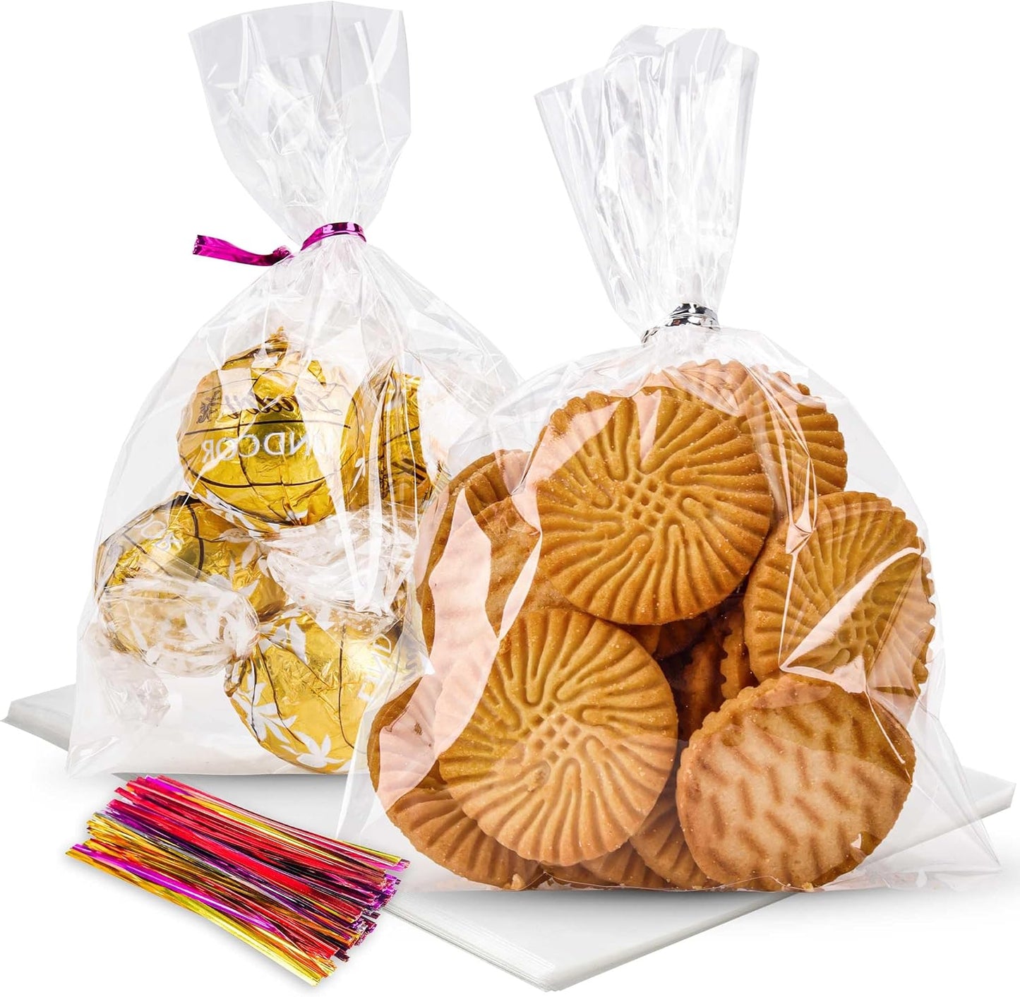 LOKQING Clear Cellophane Treat Bags 6 x 10 in, 100 Pack Mothers Day Gift Bags with Twist Ties, Bags for Cookies, Candy, Party Favors, Bakery Packaging and Small Gifts