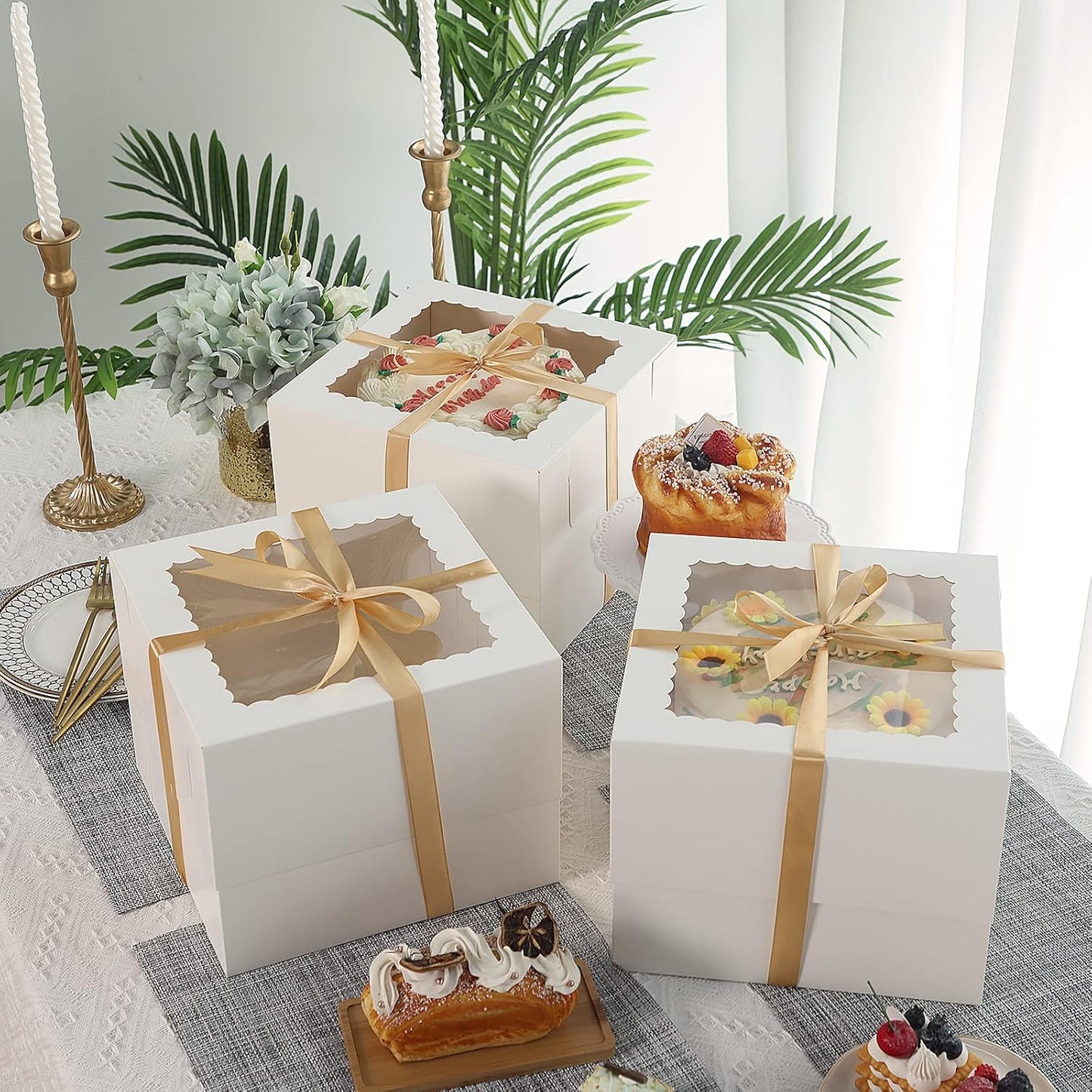 Moretoes 20pcs Cake Boxes, 10x10x8 Inches Tall Cake Box with Window, White Bakery Box, Large Baking Boxes with Window for Valentine's Day, Mother's Day, Pastries, Pies, Desserts