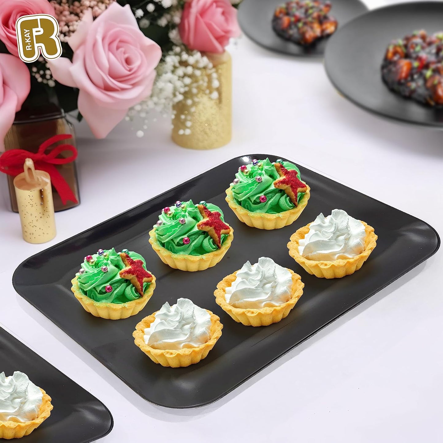 3 Pack Plastic Serving Trays for Party - Gold Serving Tray 8 x 11 Inch - Heavy Duty Dessert Trays for Food - Rectangular Party Serving Trays for Entertaining - Clear Cookie Platters