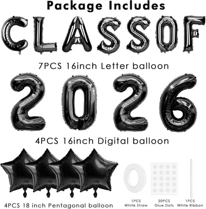 Graduation Balloons, Class of 2026 Balloons, 16Inch Gold Grad Class of 2026 Letters Foil Balloon Sign with Star Balloons, Class of 2026 Decorations for High School College Graduation Party Decorations