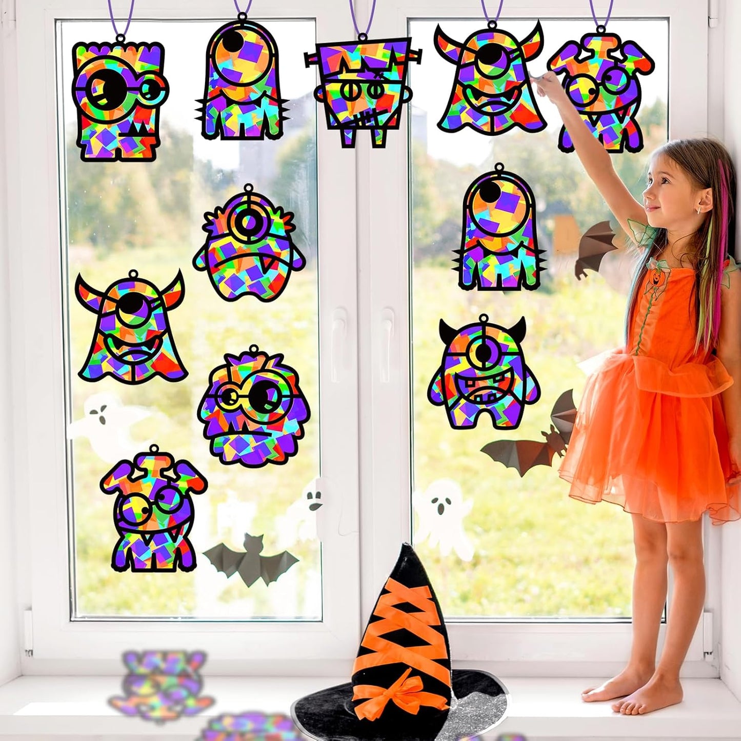 QOUBAI 32 Sets Stars Suncatchers Craft Back to School DIY Stained Glass Window Patriotic 4th of July Paper Craft Home School Classroom Decor Kid Birthday Gift Creative Art Activity Game - Colors B