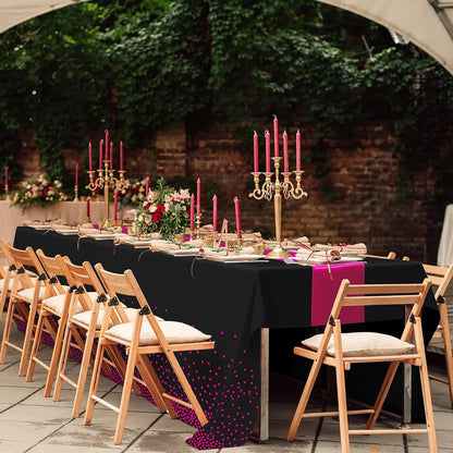 MASHAN 3Pcs Black and Red Tablecloth Party Decorations,Plastic Black Table Cloth Printed Red Table Runner Disposable Rectangle Cover for Birthday Weeding Anniversary Graduation Party,54 x108 Inch