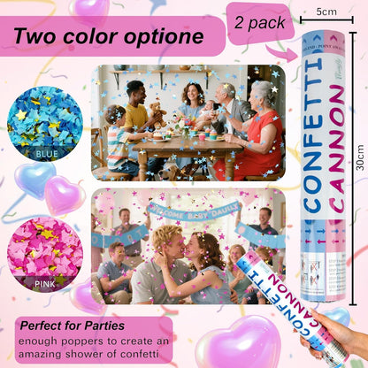 2 Pack Gender Reveal Confetti Cannon, 12 in Pink Square shaped Paper Party Poppers Cannons, Confetti Poppers For Baby Girl Gender Reveal Baby Showers (Square, Pink)