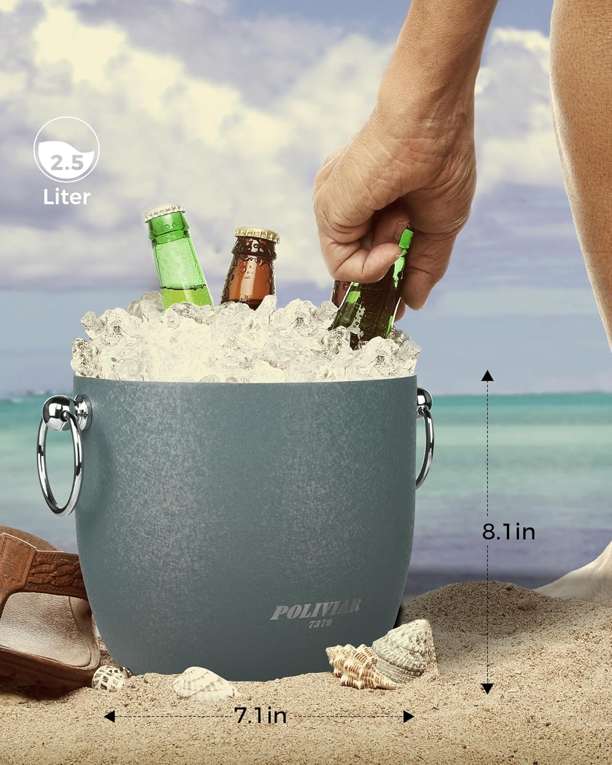 POLIVIAR Ice Bucket, 2.5L Double Wall Ice Bucket with Lid, Stainless Steel Ice Bucket with Tong & Strainer, Ice Bucket for Cocktail Bar, Home & Parties, JX2023-IBLU