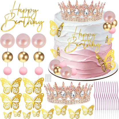 Crown Cake Topper, Balls Happy Birthday Cake Topper Pink Crown Birthday Candles Gold Butterflies, Corona Para Pastel, Cake Decorations for Birthday Wedding (Gold, Pink)