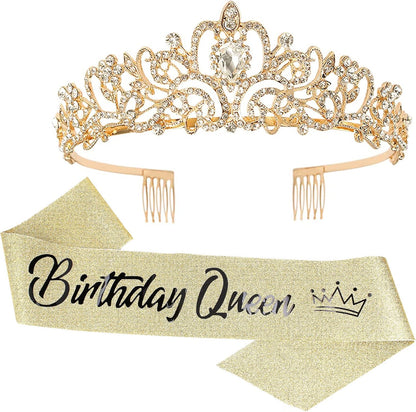 COCIDE Birthday Queen Sash & Rhinestone Tiara Set Gold Happy Birthday Crowns for Women Party Decoration Kit Rhinestone Headband for Women Glitter Crystal Hair Accessories for Cake Topper