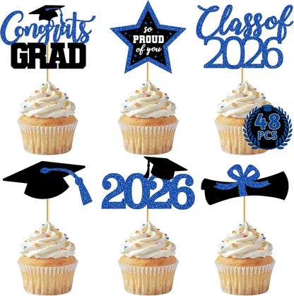 48 PCS Graduation Cupcake Toppers, Glittery 6 Styles Congrats Grad Cake Topper, Black and Red Graduation Decorations 2026, Cap and Diploma Cake Picks for Grad Party Supplies