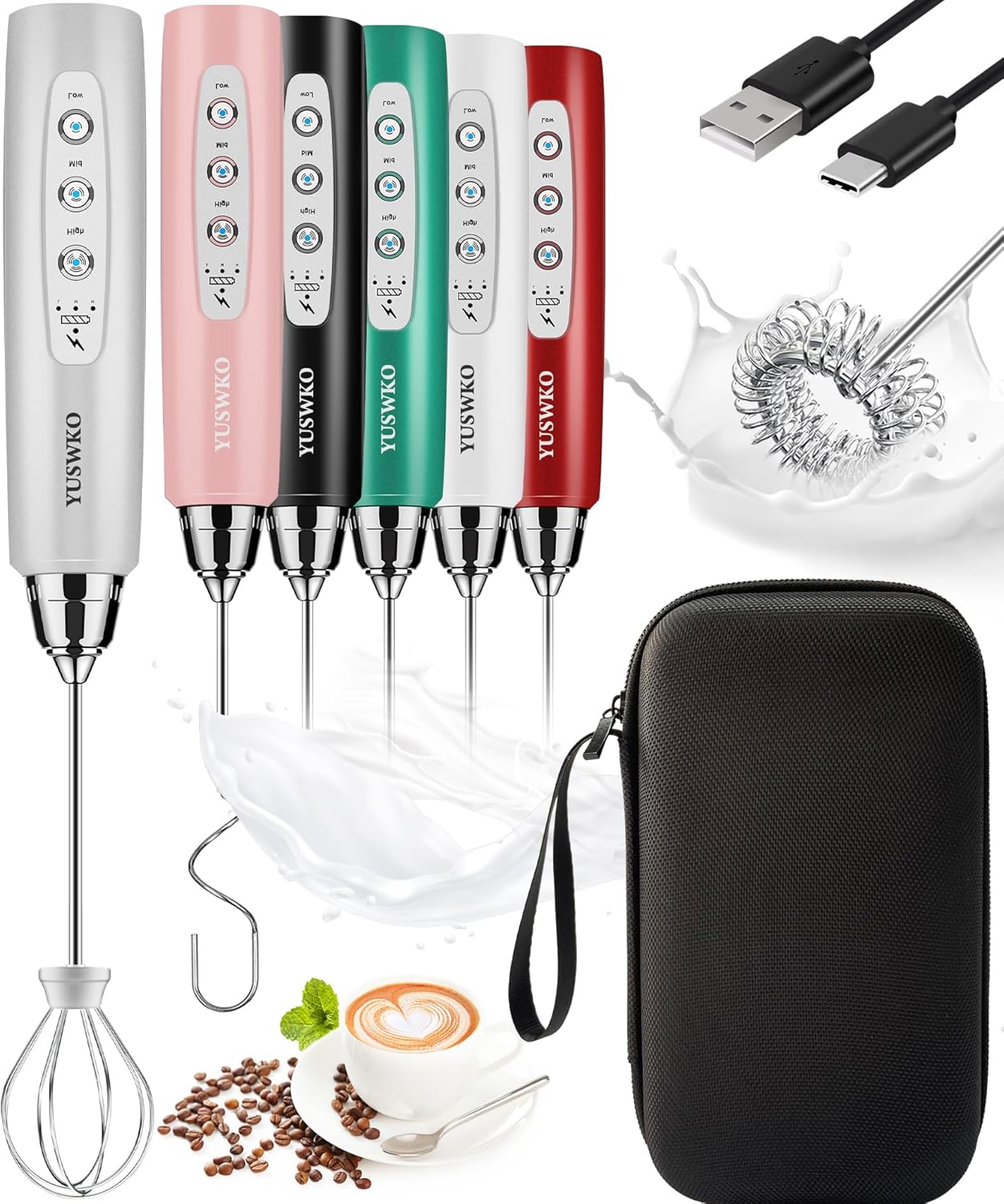 YUSWKO Black Handheld Milk Frother Wand for Coffee, Rechargeable Electric Whisk with 3 Heads 3 Speeds Drink Mixer Coffee Frother For Latte, Cappuccino, Hot Chocolate, Egg