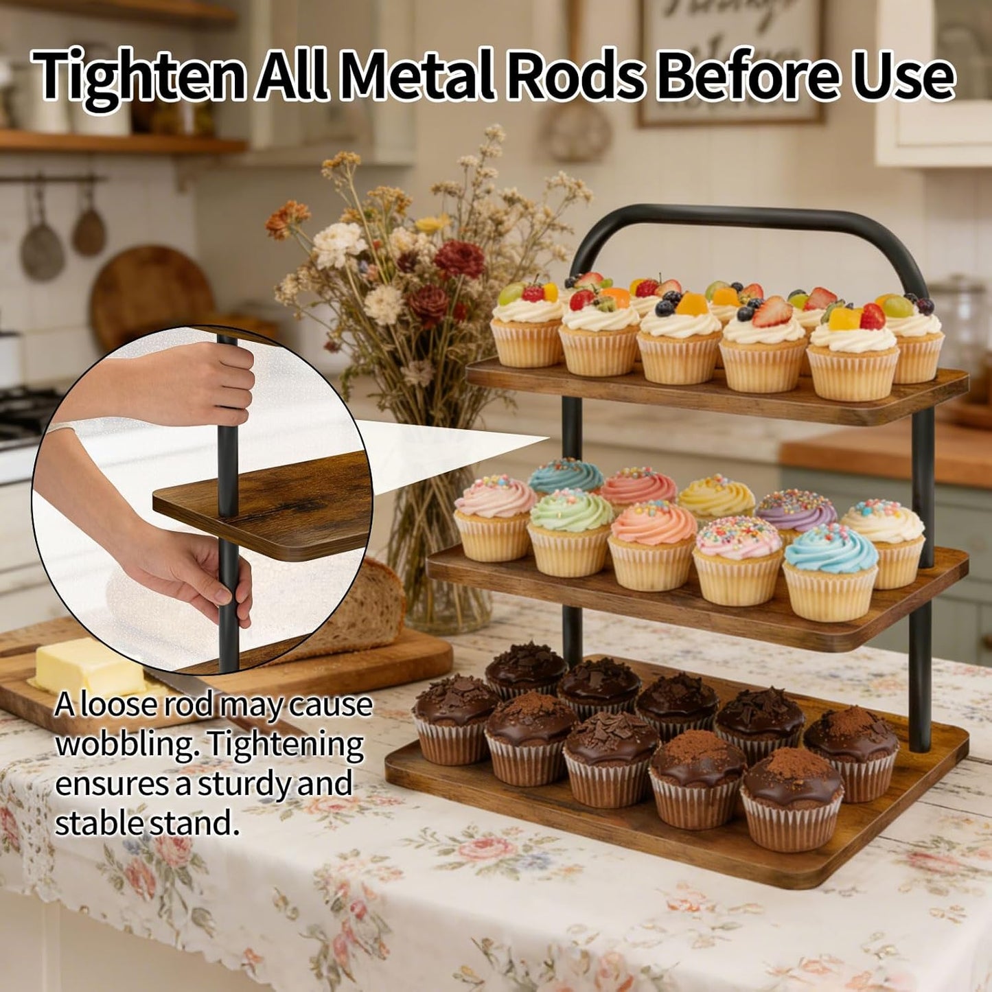 Cupcake Stand, 3 Tier Large Cupcake Stand Rustic Stepped Cupcake Display Stand Square Wood Dessert Table Display Set Cupcake Tower Tiered Tray Stand for Wedding Birthday Graduation