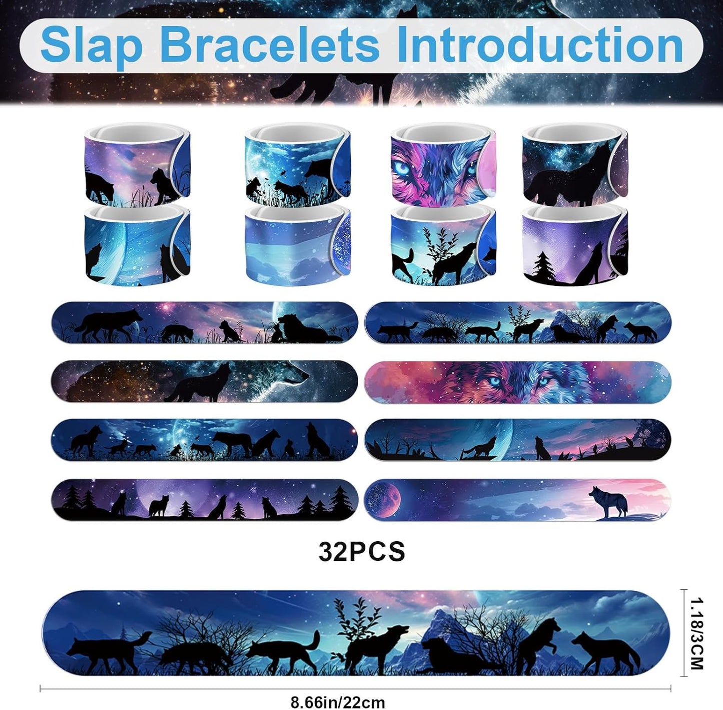Wolf Party Favors Supplies, 32PCS Slap Bracelets 8PCS Temporary Tattoos Sticker, Wolf and Moon Birthday Party Baby Shower Decorations for Kids