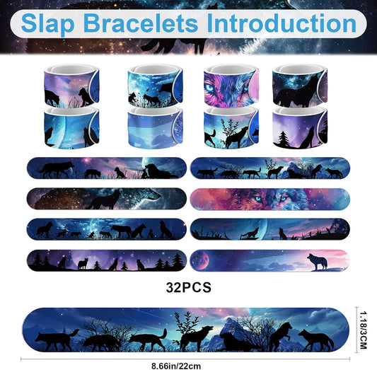 Wolf Party Favors Supplies, 32PCS Slap Bracelets 8PCS Temporary Tattoos Sticker, Wolf and Moon Birthday Party Baby Shower Decorations for Kids