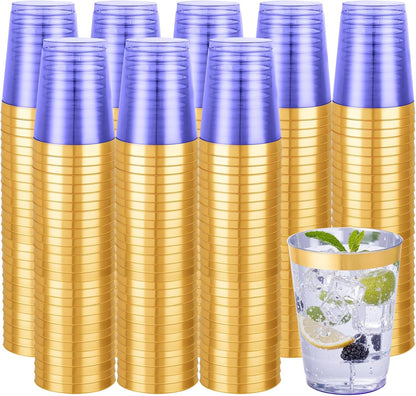 supernal 100pcs Gold Plastic Cups 12 oz, Glitter Clear Disposable Cups Heavy Duty, Fancy Plastic Cocktail Tumblers for Wedding, Parties Champagne & Mixed Drinks