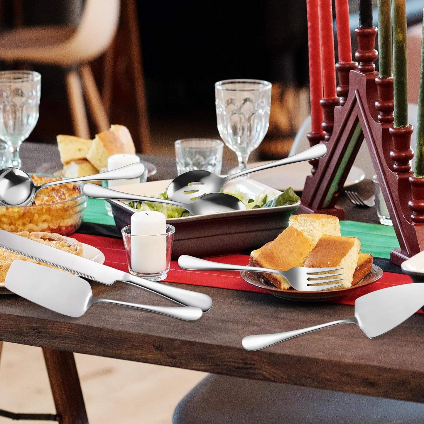 Stainless Steel Serving Utensil Set 10-Piece Buffet Flatware Catering Silverware with Bread Tong,Cake Spatula,Serving Ladles,Salad Fork,Cheese Knife,Large Spoon for Parties Buffet