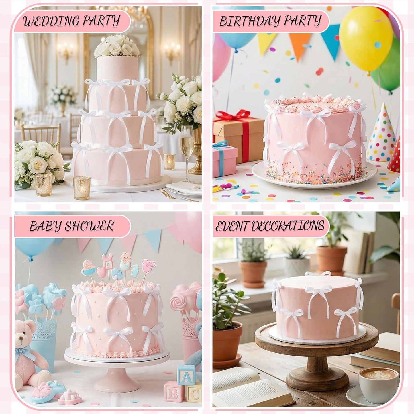30 Pack Bow Cake Toppers Pink Ribbons Bows for Cake Coquette Themed Bow Cupcake Toppers Pink Bow Birthday Decorations for Baby Shower, Birthday, Wedding, Bachelorette, Mothers Day Decorations