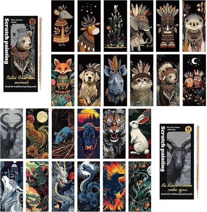 Scratch Art Bookmarks Kit, 24 Sheet Paper with Scratching Tools for DIY Party Favors, Christmas Stocking Stuffers