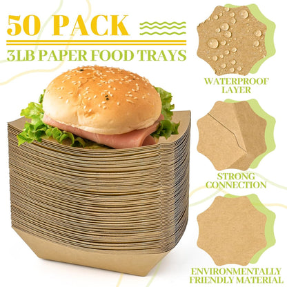 Ocmoiy 1lb Paper Food Trays, 100 Pack Heavy Duty Kraft Food Boats Holders Disposable Serving Basket Trays for Nachos, Fries, BBQ, Festivals, Party