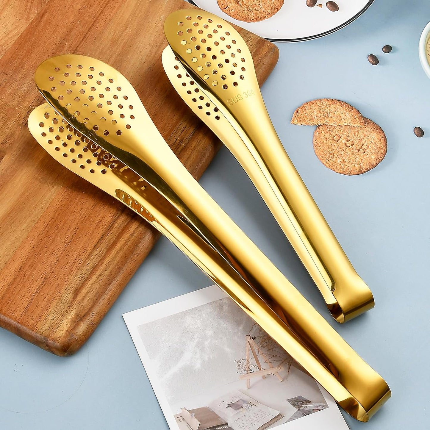 8 Pcs Gold Tongs for Serving Food, 9 & 12 Inch Stainless Steel Buffet Tongs - Gold Serving Utensils for Parties, Catering, Restaurants, Kitchen & Home Entertaining