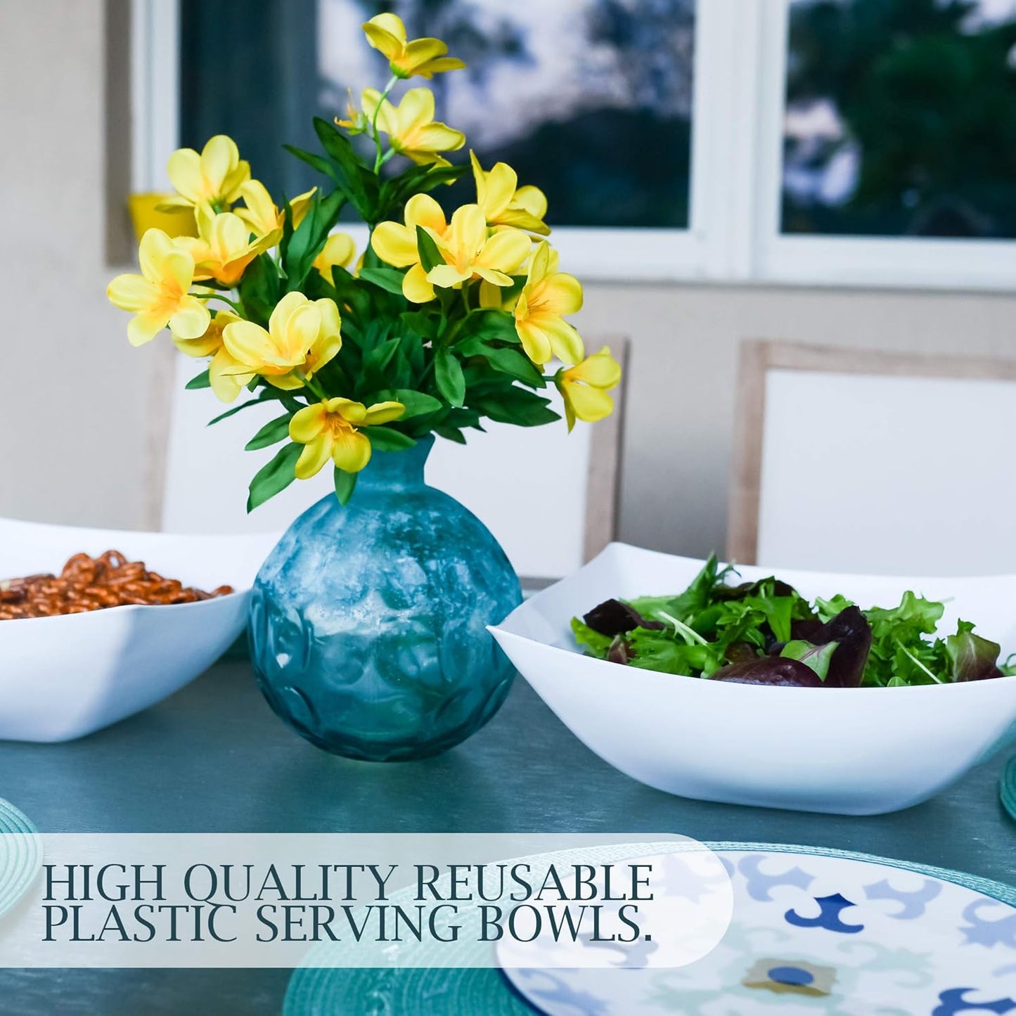 PLASTICPRO Disposable 64 ounce Square Serving Bowls, Party Snack or Salad Bowl, Large Plastic Elegant White Pack of 4