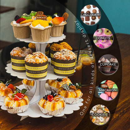 White Cupcake Stand Tower, 3-Tier Cardboard Dessert Display with Heart Handle,Perfect for Birthday Baby Shower Wedding Tea Party Graduation, Easy 60-Second Assembly, Holds 12+Cupcakes (1-Pack)